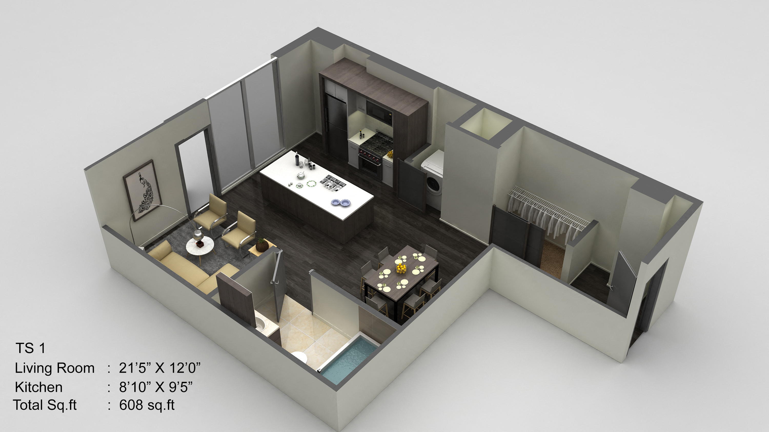 Floor plan for studio, 1 bath, 608 sqft